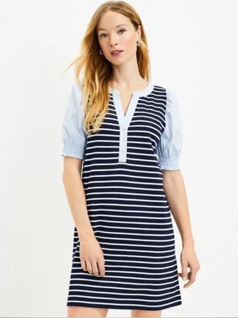 LOFT Striped Puff Sleeve Shift Dress Navy Blue White Coastal Preppy Large